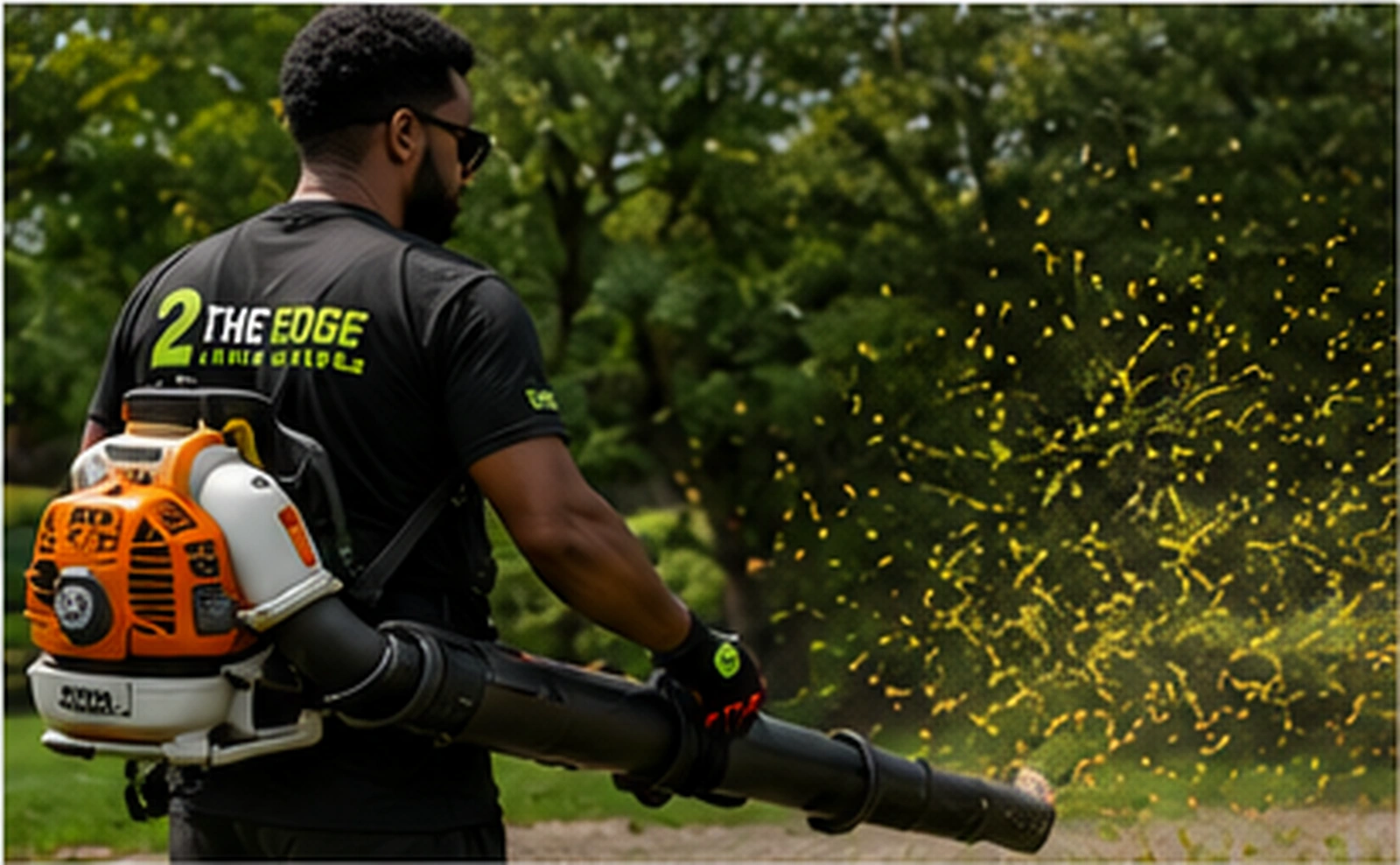 African American lawn care professional blowing clippings from a residential property