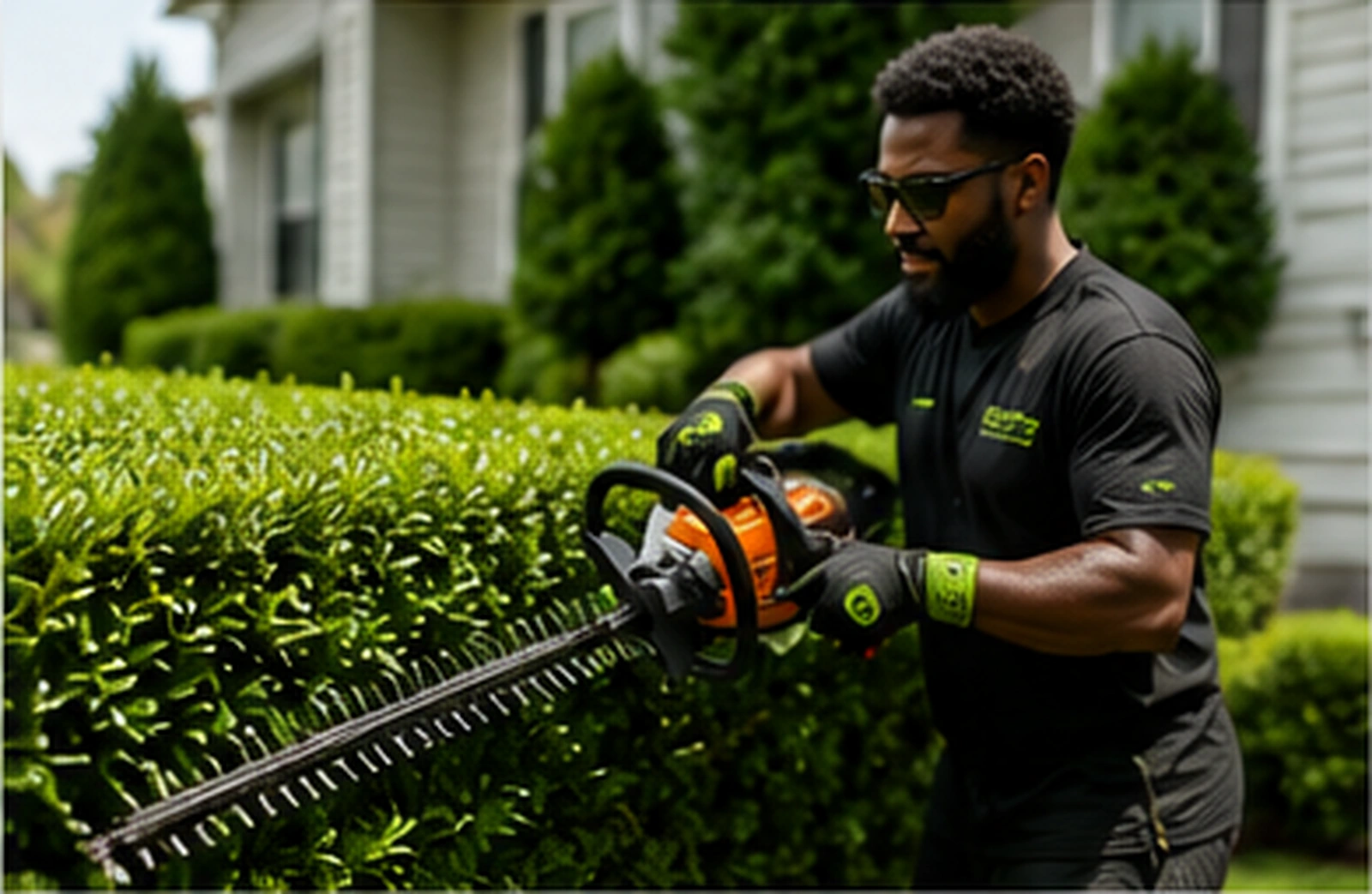 African American lawn care professional trimming a hedge